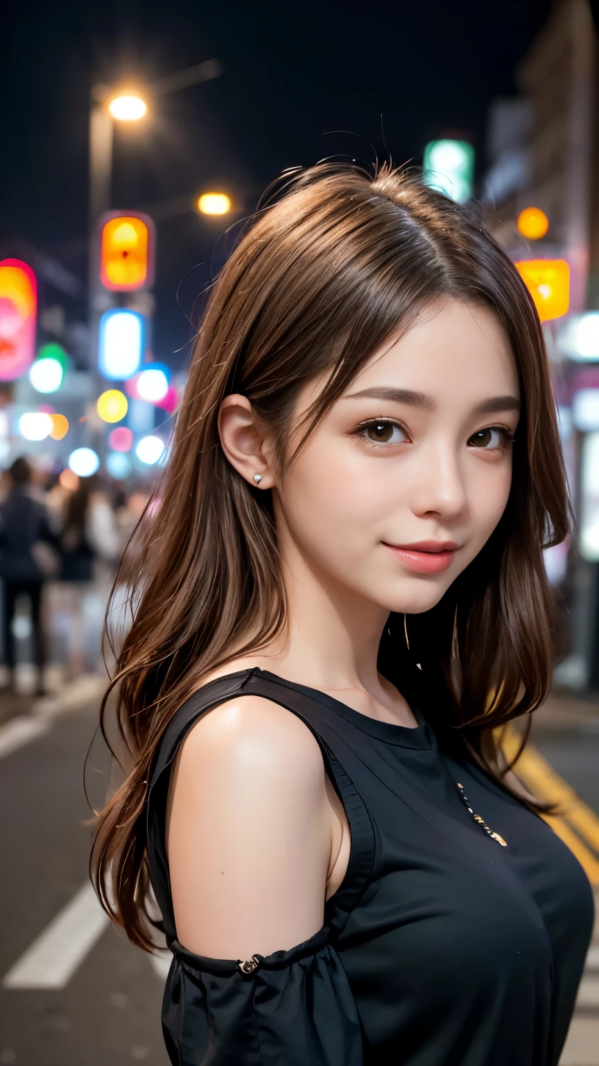 1 girl, Tokyo Street,night, Streetscape,City lights,Upper Body,close,smile,, (8k, RAW Photos, highest quality, masterpiece:1.2),(Realistic, photo-Realistic:1.37),