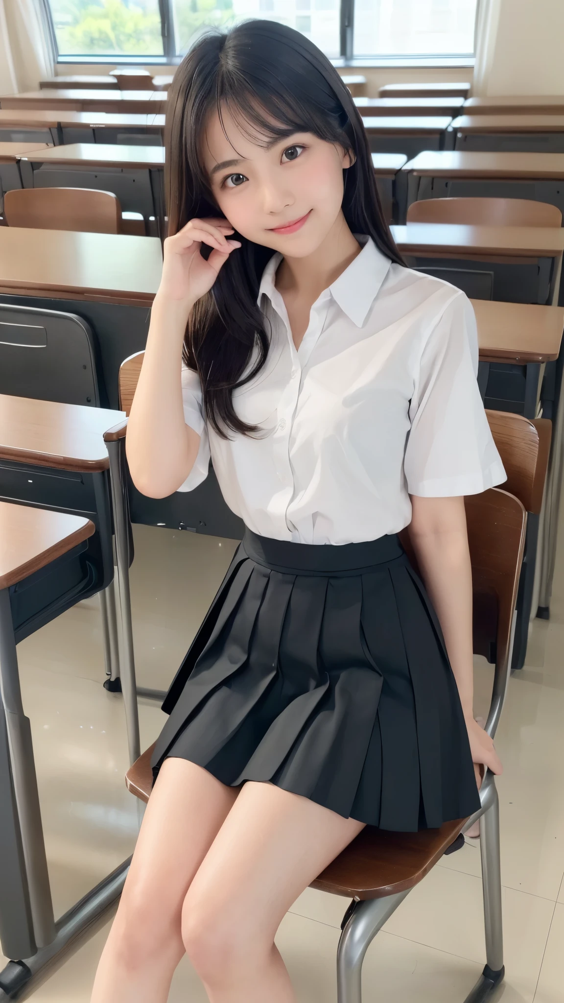 ((highest quality:1.5))、(Happy expression:1.26)、RAW Photos、(((Ultimate beauty full body photo shoot:1.5)))、((Glowing Skin))、(((1 girl)))、Beautiful girl from Prague、10 generations、young、young顔、、Bright Eyes、Detailed face、attractive、(The body is slim)、Waistline、belly button、belly buttonを露出、Small shoulders、Thin arms、Long legs、((Black Hair、Shortcuts:1.2))、skirt、(White socks:1.2)、((belly buttonを露出セーラー服、Mini skirt:1.5))、Spread your legs、(((足を大きく広げてChairに座る:1.75)))、(マイクロskirt、high waist)、((skirtをめくってパンティを見せる:1.5))、skirt lift、((Low Angle:1.0))、((Very detailed))、(Perfectly detailed face)、(Detailed hand) 、(Finger details)、(Excellent anatomy)、Photorealistic image masterpiece、最High resolution、Very detailed、Film Light、Intricate details、High resolution、Very detailed))、Detailed Background、8KUHD、Digital single-lens reflex camera、Soft Light、High resolution、Film Grain、Fujifilm XT3、Shallow depth of field、Natural soft light、god々、classroom、School Machine、Chair、blackboard、