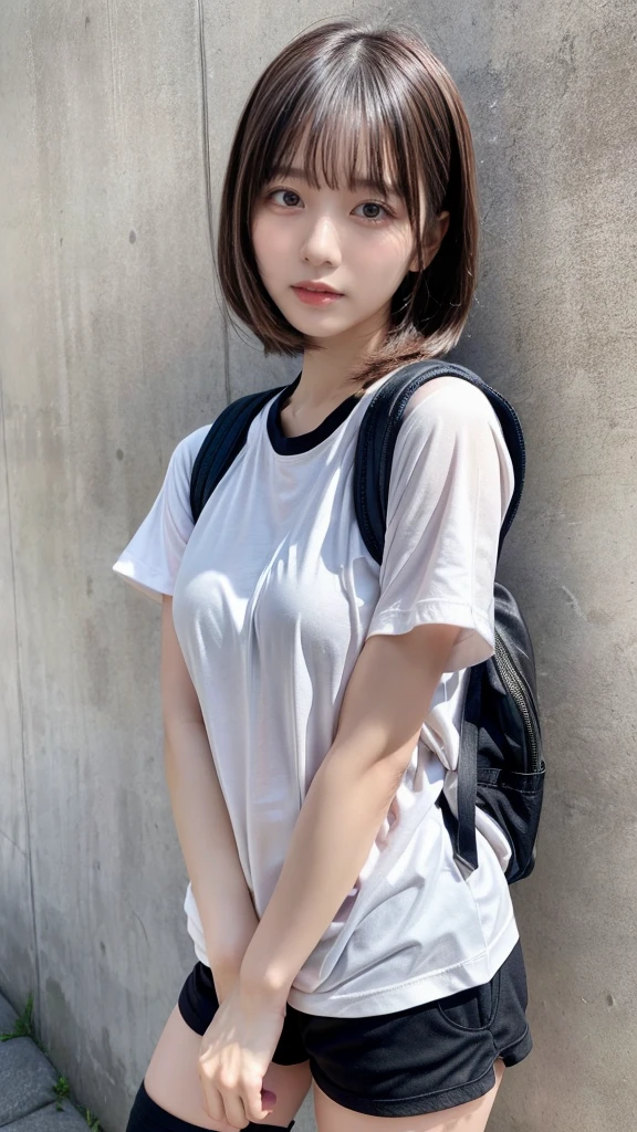 muste piece, best quality, illustration, Super detailed, fine details, High resolution, 8K,wall paper, perfect dynamic composition,(Details High quality, realistic depiction of eyes:1.3), oversized sport shirt, shorts women, small backpack, short bob hair, black hair color, Big Natural Color Lip, sexy pose, crying a little、cold gaze, Harajuku style、20 year old girl、cute type、lolita, hposing Gravure Idol, full body photo、focus on crotch, huge breasts