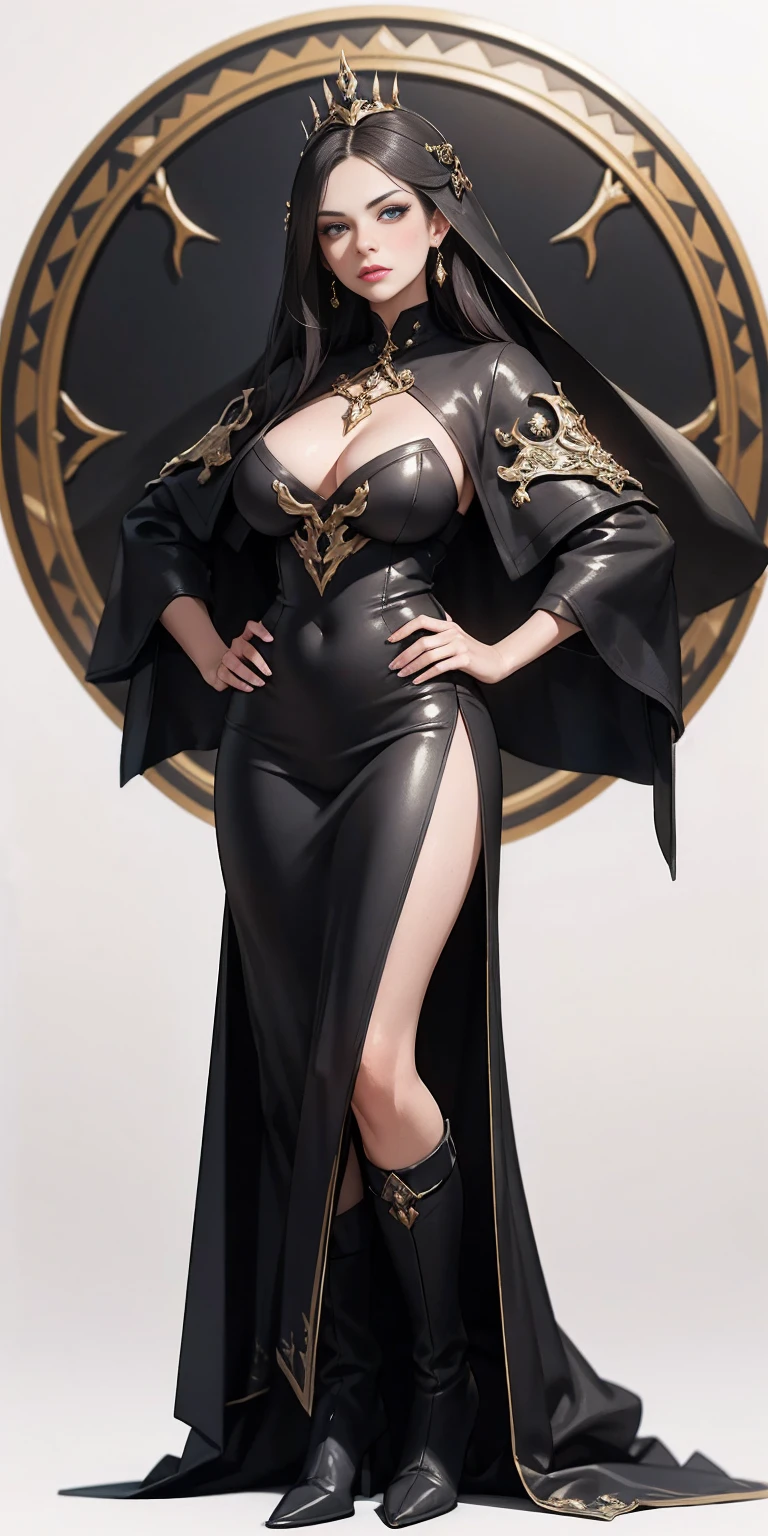 (masterpiece, best quality:1.2) intricate details, winter wonder soraka, full body of a woman in a dress with a veil, feet together, standing feet together, militar boots, beautiful fantasy maiden slave warrior, beautiful fantasy art portrait, fantasy victorian art, medieval fantasy art, beautiful and elegant queen Roxxane, portrait of queen of light, fantasy portrait art, gothic fantasy art, a beautiful fantasy empress, ((white background)) hands on hips