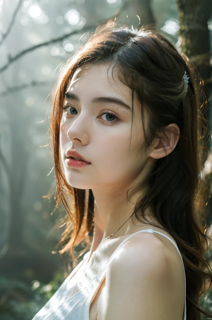 ( masterpiece, top quality, best quality,8k,17 years old girl,ultra detailed,raw photo:1.5),(photorealistic:1.4),(cinematic lighting), PerfectNwsjMajic, , Surrealism, UHD, ccurate, Super detail, textured skin, High detail, Best quality, dynamic angle, (high nose,White skin),[Beautiful blue eyes],[flat chest:large breasts:0.5],(1girl),(good anatomy:0.5)), shiny skin,detailed skin,detailed face,detailed eyes, beautiful japanese girl, in the deep forest, (fog:1.2), raining, puddle, mist, water, pour down, many trees, upper body