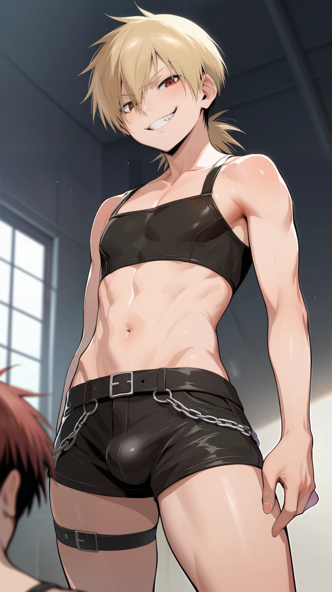 score_9, score_8_up, source_anime, standing, hellsing, seras, femboy, twink, shorts, otoko no, crop top, indoors, ikuchan, smug, smirk, hung
