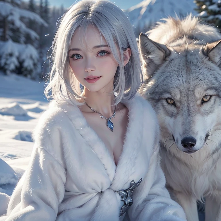 snowing mountain、white wolf、 ((highest quality、masterpiece、8k、best image quality、ultra high resolution、Award-winning work)、(accurate anatomy:1.1)、(look at me and smile:1.1)、Shining fair skin with ultra high resolution、most detailed face、ultra high resolution detailed face、white short hair flowing 、Beautiful face drawn in every detail、(blurred background:1.1)、 Inuit fur clothing, chest together, real wolf beside the girl