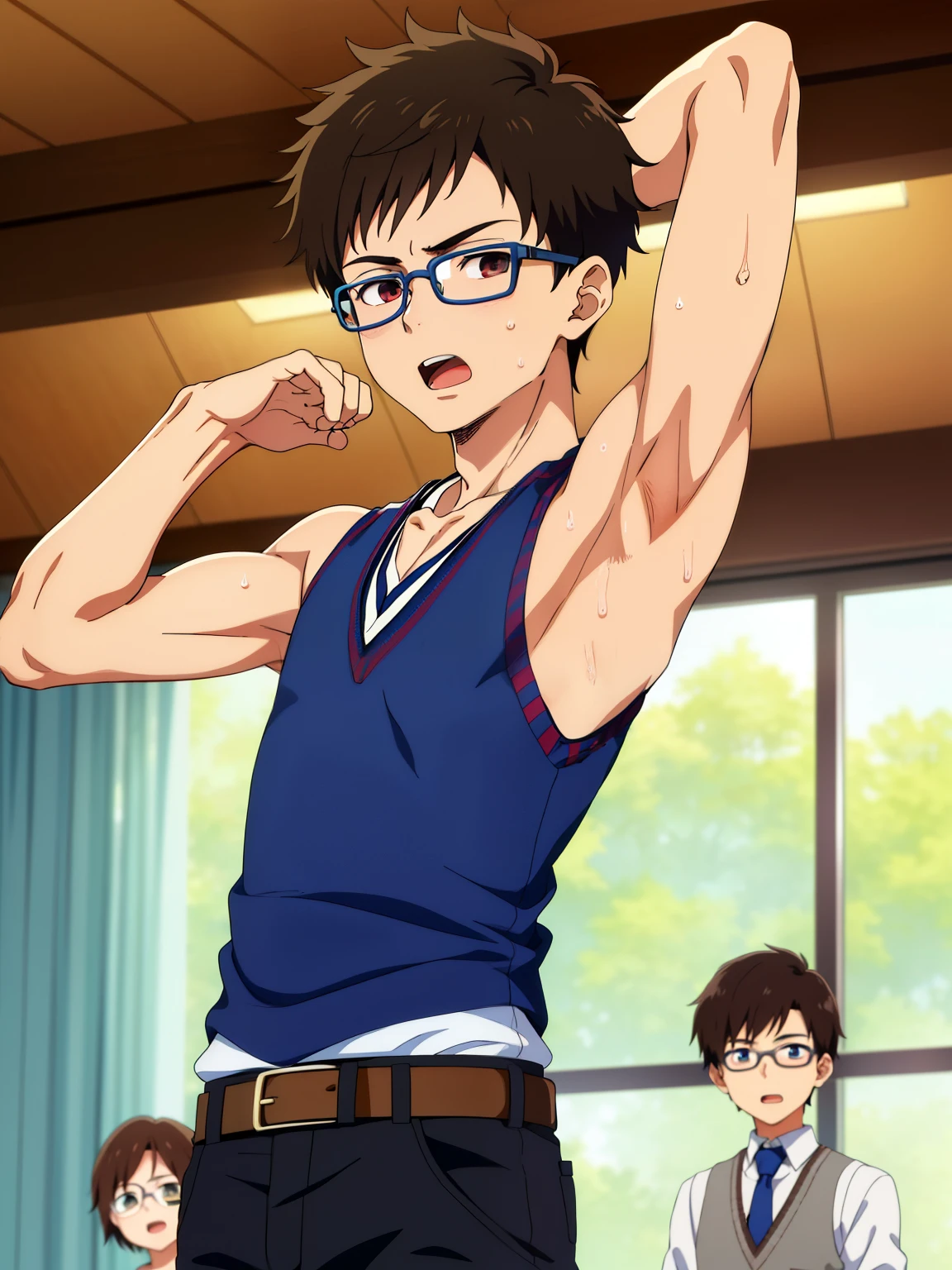 Highres, Masterpiece, Best quality at best,Best Quality,hight quality, hight detailed, 1boy, Boy, Teenage boy, Fluffy hair, Side bangs, Solo person, Sleeveless vest, Tie, Glove, Arm cover, Belt, glasses, Collarbone, Depth of field, Anime screencap style, thin line, Seductive pose, open mouth,Seen from the front, Little sweat, Kpop, Cute boy, (Showing armpit:1.3), Slim body, 15-year-old boys, Blurry and simple beckground, bokeh, Uhd