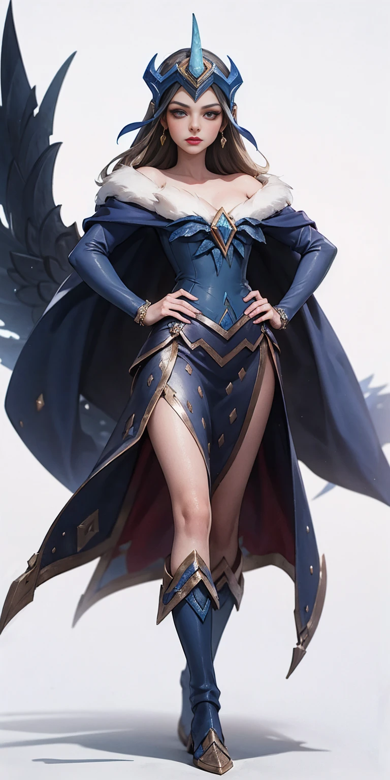 (masterpiece, best quality:1.2) intricate details, winter wonder soraka, full body of a woman in a dress with a veil, feet together, standing feet together, militar boots, beautiful fantasy maiden slave warrior, beautiful fantasy art portrait, fantasy victorian art, medieval fantasy art, beautiful and elegant queen Roxxane, portrait of queen of light, fantasy portrait art, gothic fantasy art, a beautiful fantasy empress, ((white background)) hands on hips