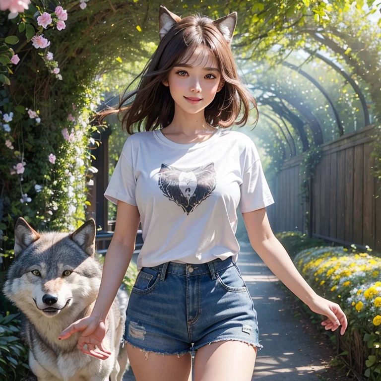 Walking in a flower tunnel, Tunel of colorful flowers windy weather, white wolf、 ((highest quality、masterpiece、8k、best image quality、ultra high resolution、Award-winning work)、(accurate anatomy:1.1)、(look at me and smile:1.1)、Shining fair skin with ultra high resolution、most detailed face、ultra high resolution detailed face、white short hair flowing 、Beautiful face drawn in every details,T shirt and shorts, modest breast , real wolf beside the girl