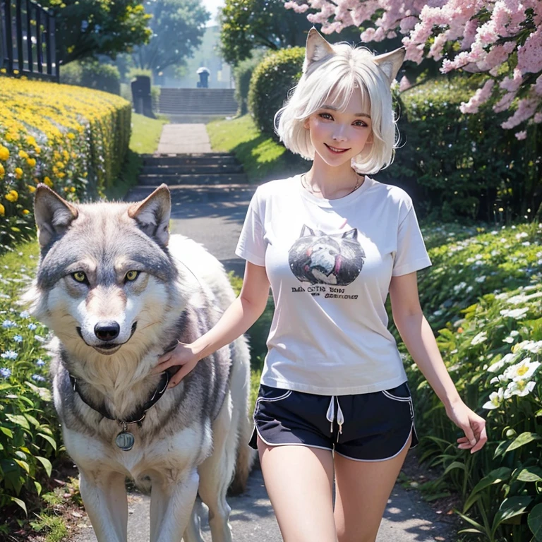 Walking in a flower tunnel, Tunel of colorful flowers windy weather, white wolf、 ((highest quality、masterpiece、8k、best image quality、ultra high resolution、Award-winning work)、(accurate anatomy:1.1)、(look at me and smile:1.1)、Shining fair skin with ultra high resolution、most detailed face、ultra high resolution detailed face、white short hair flowing 、Beautiful face drawn in every details,T shirt and shorts, modest breast , real wolf beside the girl