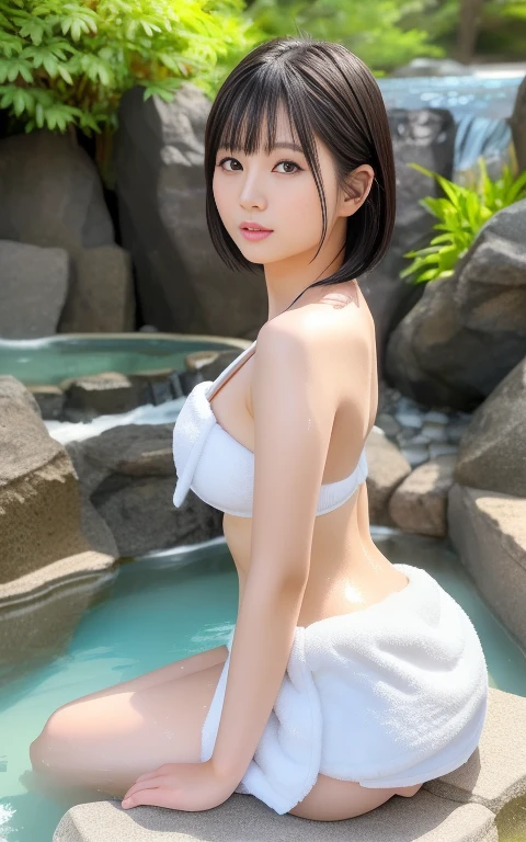最high quality、high quality、Best image quality、8k、最High resolution、High resolution、最high quality、masterpiece、Detailed and realistic human body、Detailed and realistic skin、Realistic face in every detail、Realistic reproduction of every detail、Detailed and realistic lips、Detailed and realistic ears、Detailed and realistic hair、Detailed and realistic weapons、Realistic reproduction of every detail、Realistic fingers in every detail、(Beautiful Hands)、Realistic feet down to the last detail、((Beautiful Japanese Girl))、(Japanese Model), (Japanese women)、((24 year old beautiful girl))、(Black Hair)、(Medium Bob Hair)、((whole body))、((Beautiful breasts))、(Slim Style)、(whole body光沢肌)、(Fair skin)、White towel、tiny towel、((tiny towelを身体に巻きつける))、((tiny towelのドレス))、(Soft natural light)、(Waterfall in a realistic forest)、(Open-air bath with a view of the waterfall)、(Realistic rock bath)、(deep hot spring)、(Onsen Girls)、(Sit in the hot spring)、(Soak waist-deep in hot springs)、(Inside the bathtub、Sit with your butt down)、(Crystal clear water)、(Shimizu)、
