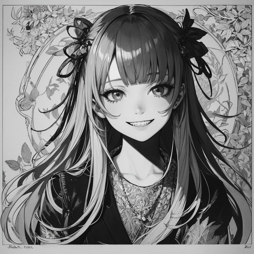 1girl, long hair, blunt bangs, sidelocks, monochrome, lineart, leaf, whitework, crazy smile, creepy smile