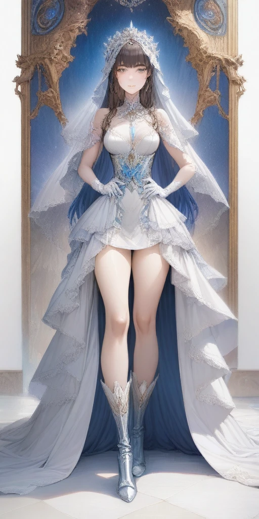 (masterpiece, best quality:1.2) intricate details, winter wonder soraka, full body of a woman in a dress with a veil, feet together, standing feet together, militar boots, beautiful fantasy maiden slave warrior, beautiful fantasy art portrait, fantasy victorian art, medieval fantasy art, beautiful and elegant queen Roxxane, portrait of queen of light, fantasy portrait art, gothic fantasy art, a beautiful fantasy empress, ((white background)) hands on hips