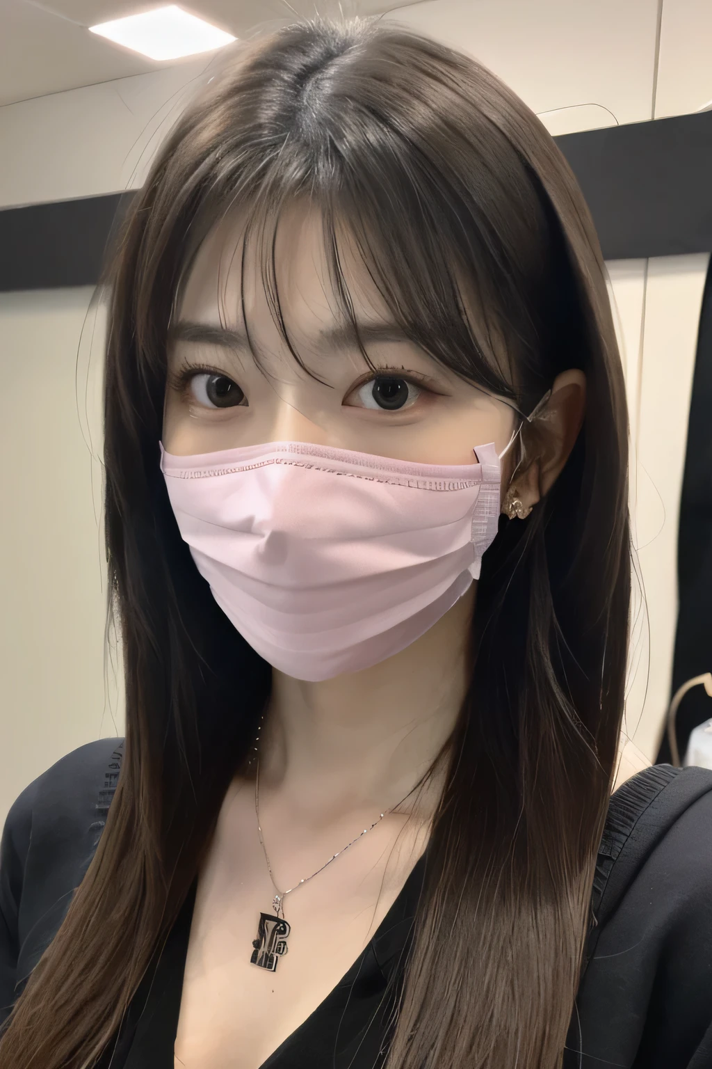8K, highest quality, masterpiece, ultra high resolution, (realistic: 1.4), Raw photo, realistic skin texture, (film grain: 1.3), 1 girl, Beautifully detailed eyes and face, masterpiece, highest quality, Upper body, japanese idol, Fair skin, mask, natural blurred background, close, Other shots, big, front photo, hide your face on your phone, Face covered, Wearing a mask, necklace around neck、dark eyeliner、ear piercing、looking at the camera、The mask is misaligned、Dressed in a hoodie