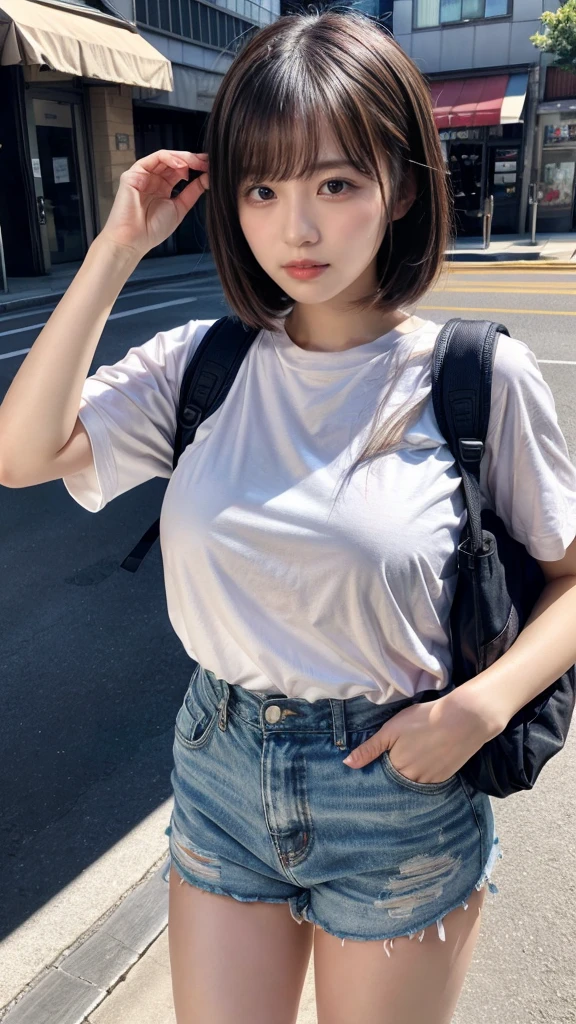 masterpiece , Highest quality,Nahida(Genshin Impact), 1 girl , White shirt:1.5 ,Side Ponytail ,Gray Hair ,Colorful Hair, Green Eyes,Casual clothing , have , Black choker, bag , Green Hair,Busy roads , City life