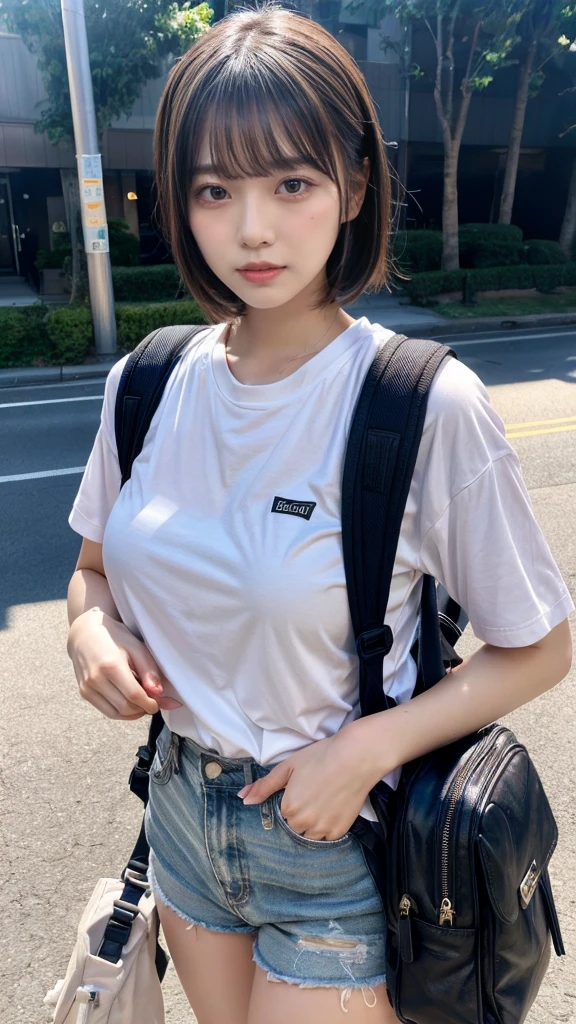 muste piece, best quality, illustration, Super detailed, fine details, High resolution, 8K,wall paper, perfect dynamic composition,(Details High quality, realistic depiction of eyes:1.3), oversized sport shirt, shorts women, small backpack, short bob hair, black hair color, Big Natural Color Lip, sexy pose, crying a little、cold gaze, Harajuku style、20 year old girl、cute type、lolita, hposing Gravure Idol, full body photo、focus on crotch, huge breasts