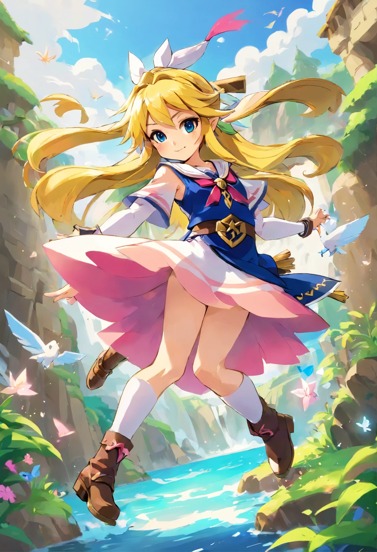 A painting of a woman wearing a sailor suit and boots, Digimon Angewomon, Colorful sketch, Color Sketch, Sketchy art style, by Ai-Mitsu, Humanoid pink female squid girl, Takano Aya color style, Inspired by Hiromu Arakawa, whole body concept, Inspired by Marie Angel, whole body!, Zerochan, Marin Kitagawa Fanart