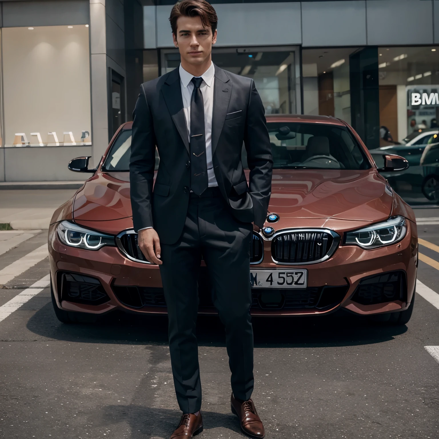 High quality , a handsome boy , stand near bmw , holding gucci bag