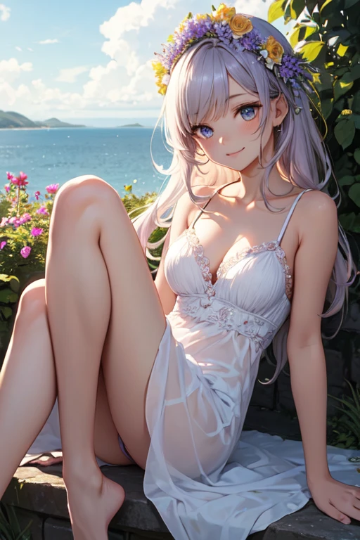 Very cute and beautiful girl wearing a white flower crown,White camisole、Pink itting cross-legged、
(Very exquisite beautiful face and eyes:1.2),(Lavender Garden),stone path,Distant Sea,Beautiful summer sky,
(Mid Shot:1.15),Leg details,smile、Dynamic Angle,View your viewers,
(highest quality,masterpiece:1.2),(Intricate details),1 girl,alone,High resolution,Natural light,Hair blowing in the wind,