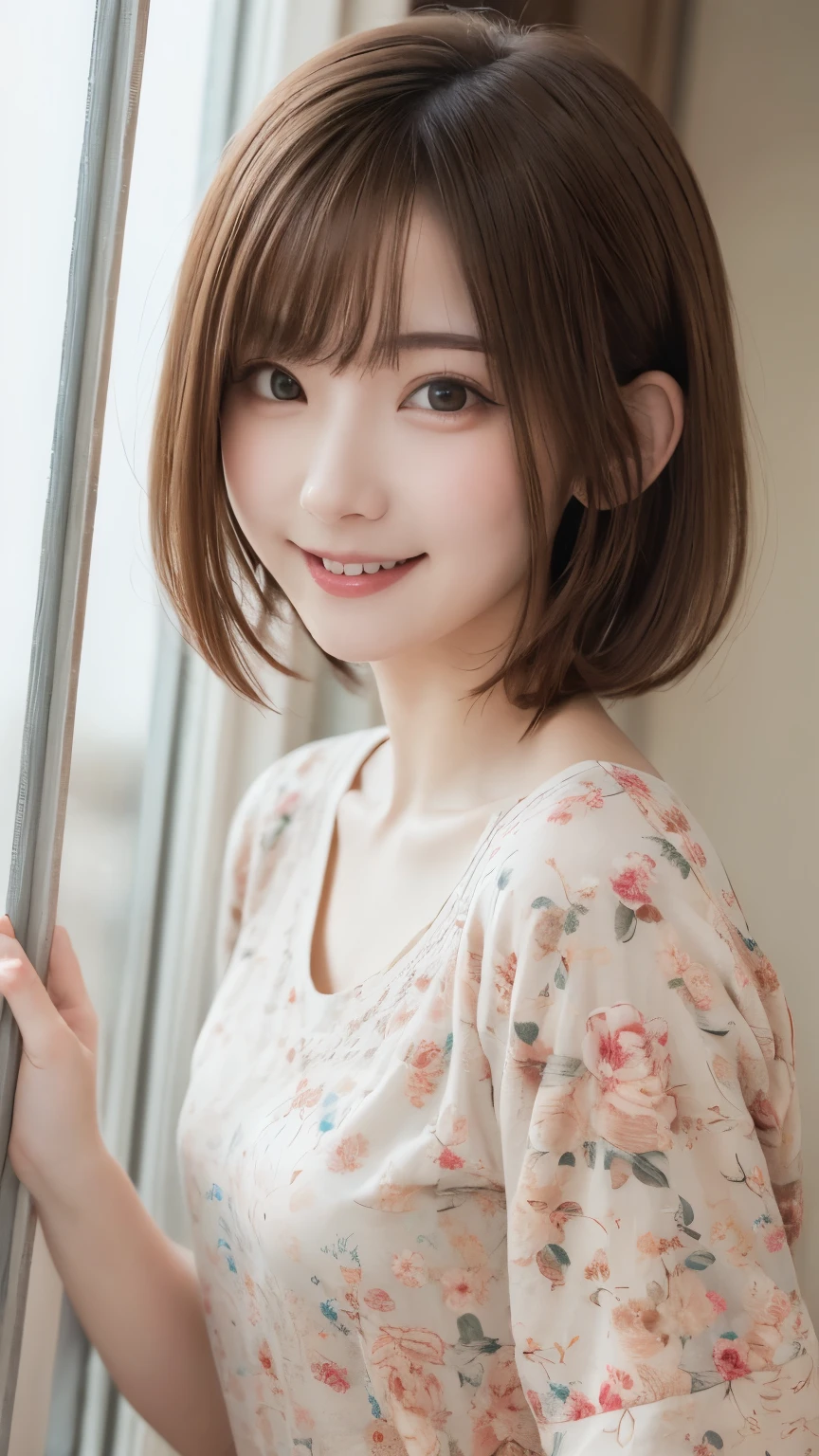 Best picture quality (8K, high resolution, Masterpiece: 1.2), super detailed, 215 Short Hair, 18-year-old woman, A kind smile, Floral, random cute pose ,big eyes