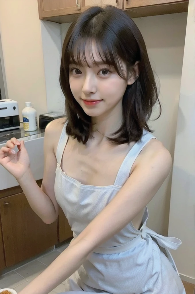 a woman is cooking、(kitchin_Apron:1.Wear 3)、Good Hand、4K、hight resolution、​masterpiece、top-quality、Cap:1.3、((Hasselblad photo))、Fine skin、sharp focus、(lighting like a movie)、Soft lighting、dynamic ungle、[:(Detailed face:1.2):0.2]、Medium chest、sweats streamed skin:1.2、(((In the kitchen))) Cute smile　Viewer's Perspective　Colossal 　Tying hair　Sleeveless　Put out your upper arm　Shoulders are sticking out　Cleanliness　Large kitchen　Beautiful kitchen　wine glasses　Show ears