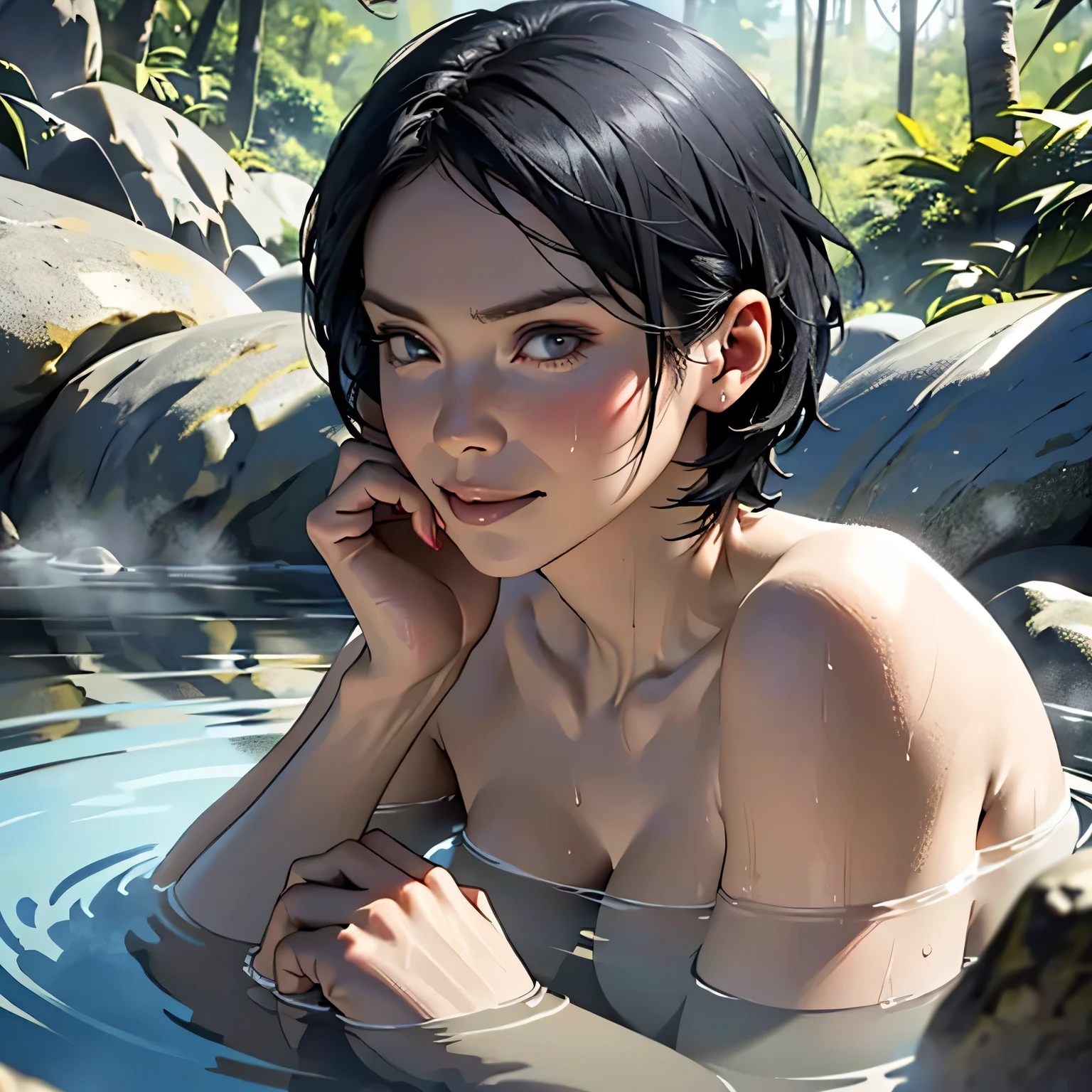 (masterpiece:1.3), (8k, photorealistic, RAW photo, best quality: 1.4), (1girl), beautiful face, (realistic face), (black hair, short hair:1.3), beautiful hairstyle, realistic eyes, beautiful detailed eyes, (realistic skin), beautiful skin, (Height: 163cm, Weight 50kg), (bust size 80cm), absurdres, attractive, ultra high res, ultra realistic, highly detailed, golden ratio, (Accurate hands and fingers), (Beautiful red nail art), (Cleavage:1.1), ((Immersed in rock bath hot spring up to my shoulders)), ((Completely naked, A white bath towel is wrapped around her body.)), Smile, Sweat, (Bust Shot), (Close-up of face:1.1), (Unexplored hot springs), ((Deep in the forest:1.2)), (steam:1.3), (steam:1.3)