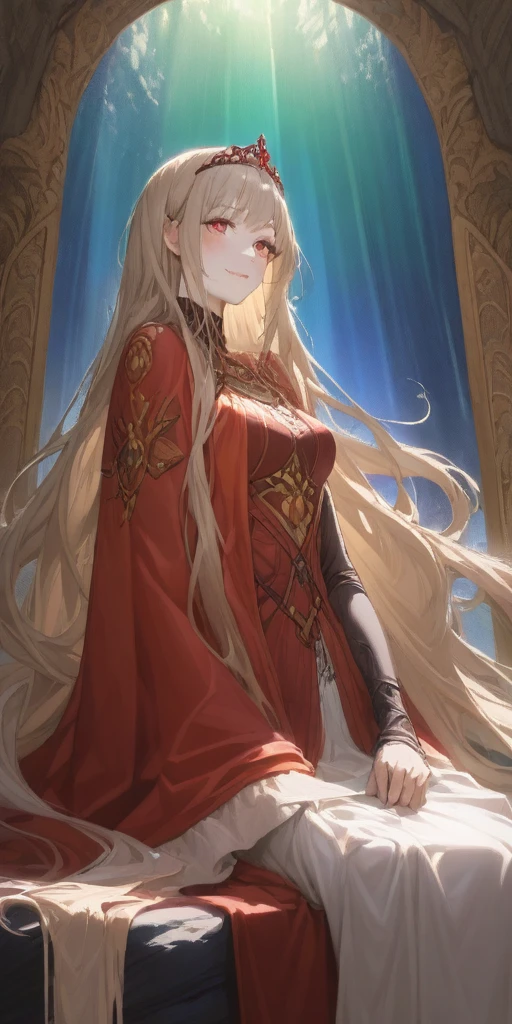 (masterpiece, best quality) (the empress:1.15) (art nouveau:1.2) (red cape) (red throne:1.12) (sunshine, sky, river, forest) (face focus, upper body) 1girl sitting, solo, platinum blonde, long hair, curtain, armored dress, queen dress, aurora expressionless, red eyes, very long hair, tiara, tiara, crossing legs, highly intricate details, realistic light, smile