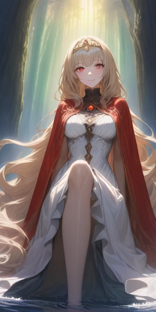 (masterpiece, best quality) (the empress:1.15) (art nouveau:1.2) (red cape) (red throne:1.12) (sunshine, sky, river, forest) (face focus, upper body) 1girl sitting, solo, platinum blonde, long hair, curtain, armored dress, queen dress, aurora expressionless, red eyes, very long hair, tiara, tiara, crossing legs, highly intricate details, realistic light, smile