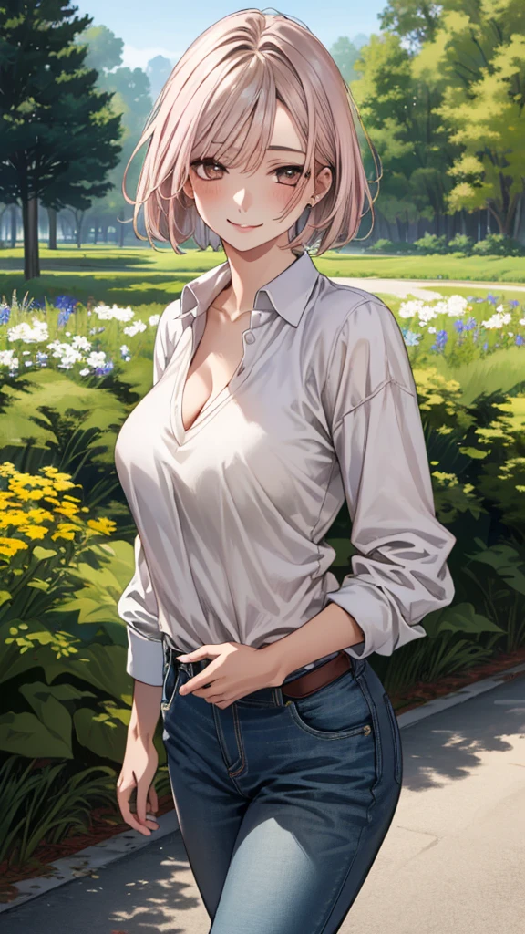 (masterpiece:1.3, top-quality), ultra high res, ultra detailed, (realistic, photorealistic:1.4), beautiful illustration, perfect lighting, colorful, depth of fields,
looking at viewer, 1 girl, solo, college school girl, (big breasts:1.3, large ass1.3, seductive thighs, skindentation),
(short hair:1.5, bob cut:1.2, light pink hair), swept bangs, (chocolate-colored) eyes, big eyes, shiny skin, slender, (tiny),
beautiful hair, beautiful face, extremely detailed face, emphasized breasts,beautiful detailed eyes, beautiful clavicle, beautiful body, beautiful chest, beautiful thigh, beautiful legs, beautiful fingers,
(detailed cloth texture, (light brown) long sleeve v-neck sweater, collared chartreuse-green shirt, closed shirt, denim trousers),
(beautiful scenery), morning, (outside university), walking, in shinjuku,crowd,(sexial attractivem,erotic), (happy smile, upper eyes),
