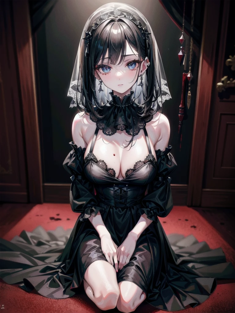 full body, bloody axe, Stained with blood spattered at close range, Blood stains left after the splash, sickly, black dress, face veil, mansion, hall, absurdres, RAW photo, extremely delicate and beautiful, masterpiece, Best Quality, ultra high resolution, 32k, hyperrealistic, ultra-detailed description, pale skin, 20 years old, detailed beautiful face and eyes, tearful mole, earring, Colossal tits, short medium wavy hair, 