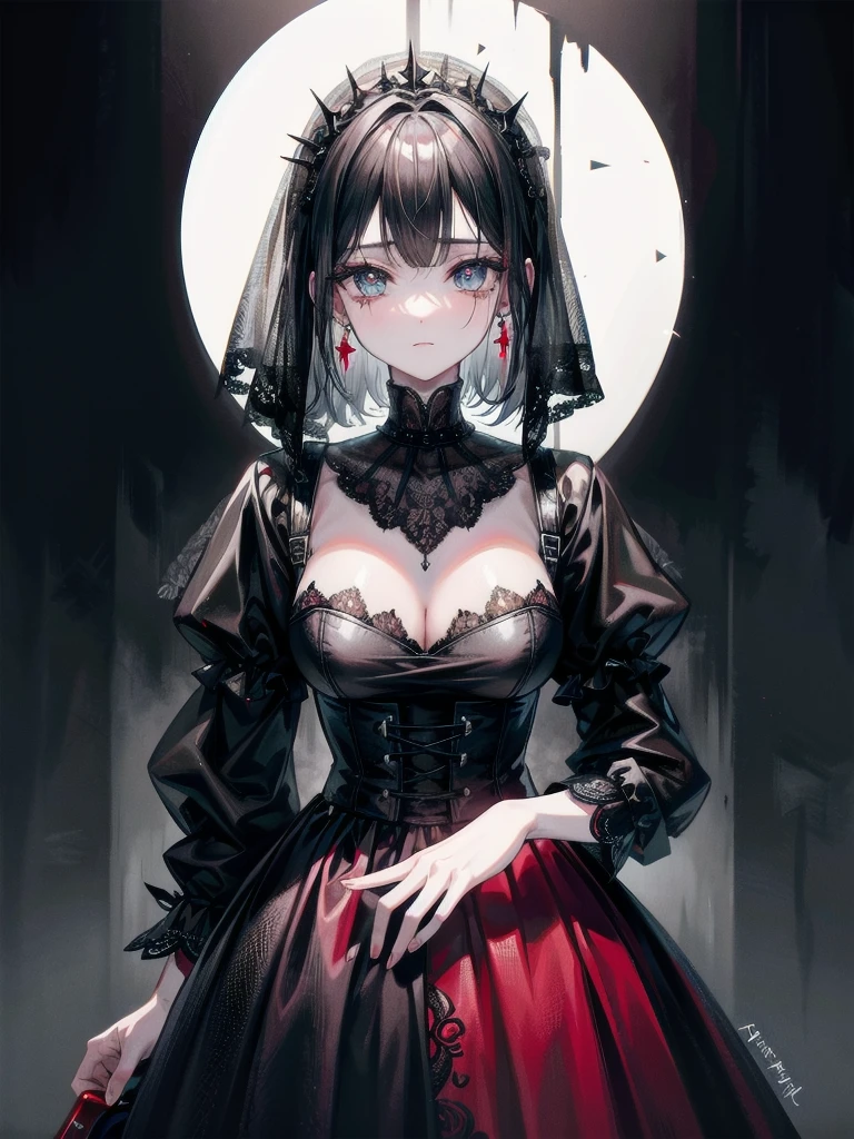 full body, bloody axe, Stained with blood spattered at close range, Blood stains left after the splash, sickly, black dress, face veil, mansion, hall, absurdres, RAW photo, extremely delicate and beautiful, masterpiece, Best Quality, ultra high resolution, 32k, hyperrealistic, ultra-detailed description, pale skin, 20 years old, detailed beautiful face and eyes, tearful mole, earring, Colossal tits, short medium wavy hair,
