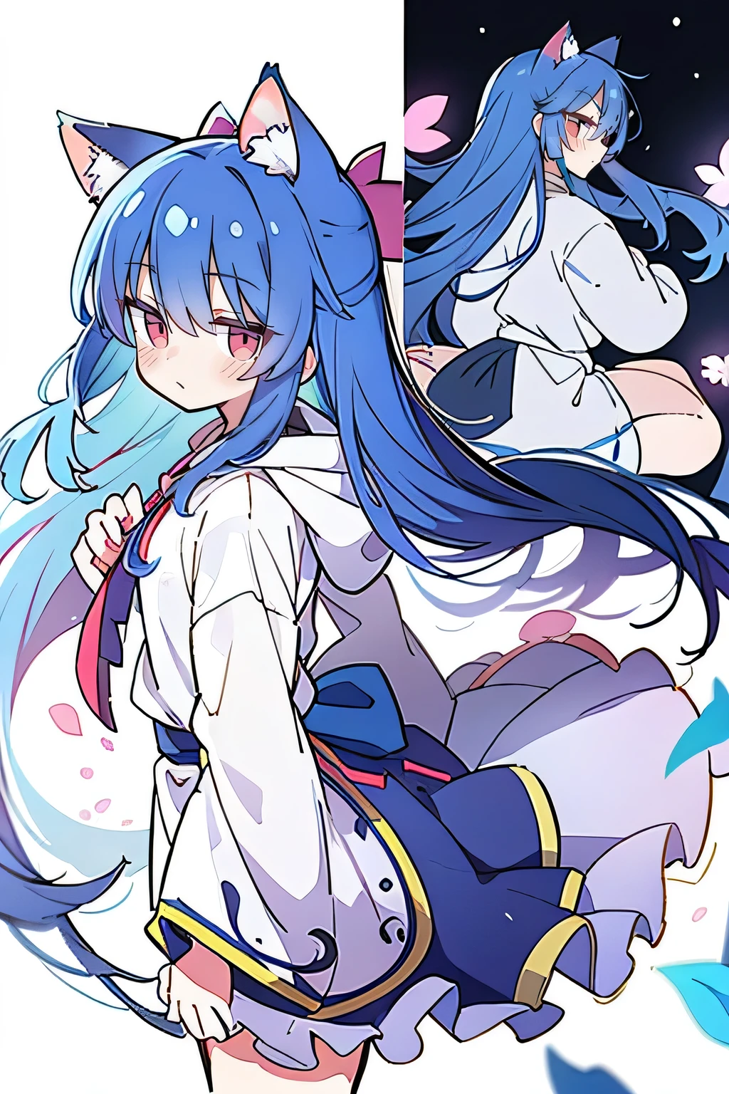 (masterpiece:1.2),Super detailed,lifelike,Expressive eyes,fair skin,perfect face shape,1 girl,
Japanese comics,Gorgeous blue hair,flowing blue hair,flowing clothes,Cat ears,Petals fall,beautiful lola,Baby Angel,
Shaking head with one hand,Cross your legs,Gentle and peaceful background,The pavilion is cool and comfortable,smile, wearing hoodie, background of tokyo,back views,snowing, winter.