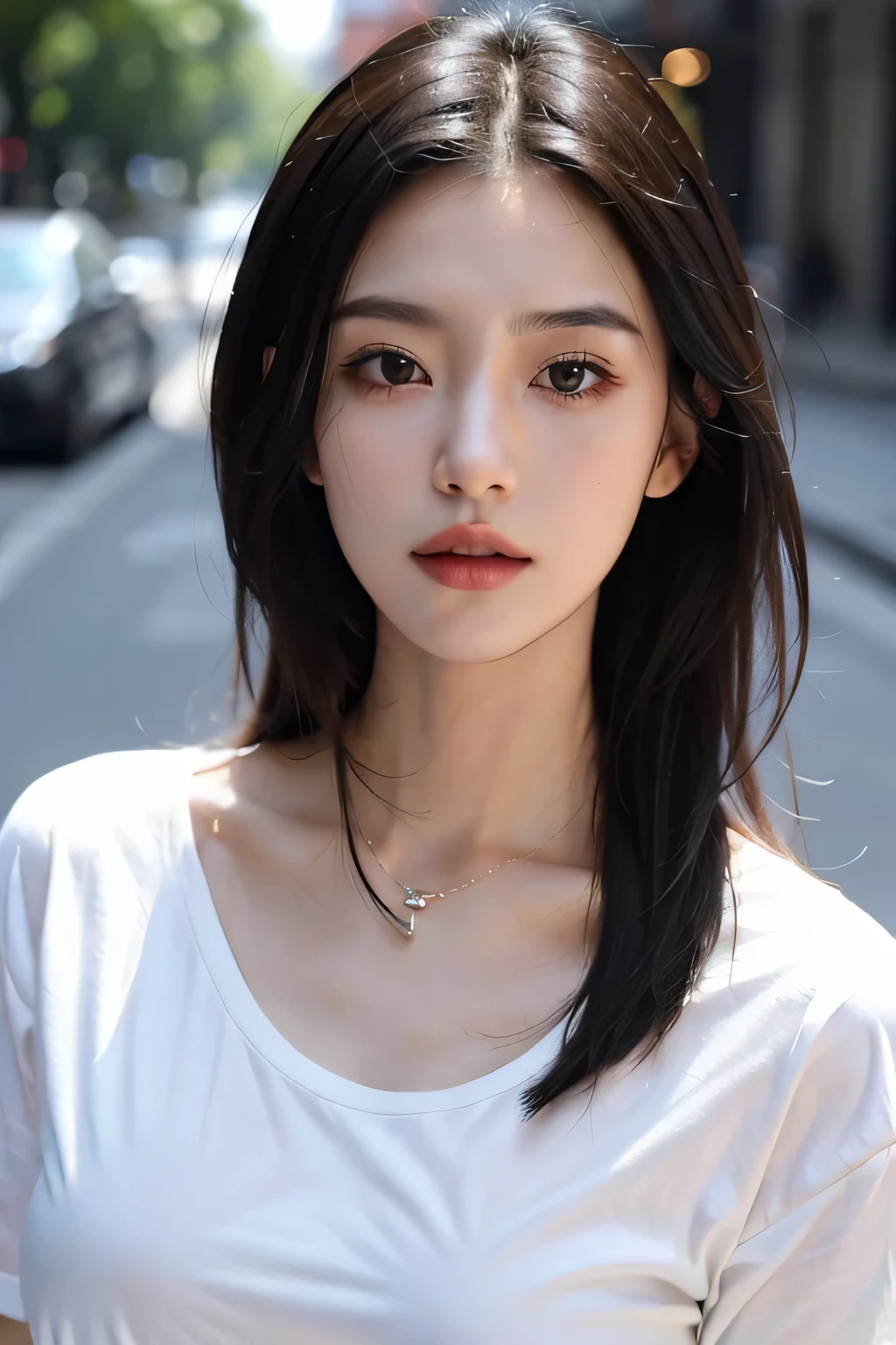 highest quality、8K、masterpiece:1.3))、sharp focus:1.2、beautiful woman with perfect style:1.4、Please wear a white mask(huge tit:1.2))、(white t-shirt:1.1)、street:1.2、Highly detailed face and skin texture、detailed eye、double eyelid、ear piercing、necklace around neck、black hair