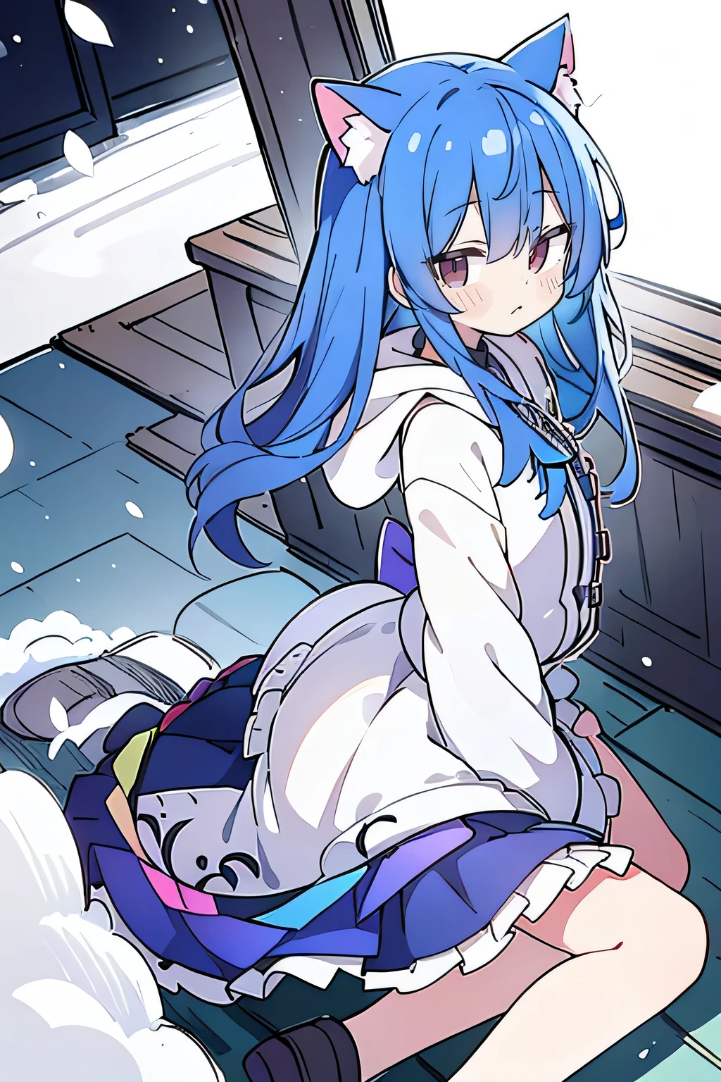 (masterpiece:1.2),Super detailed,lifelike,Expressive eyes,fair skin,perfect face shape,1 girl,
Japanese comics,Gorgeous blue hair,flowing blue hair,flowing clothes,Cat ears,Petals fall,beautiful lola,Baby Angel,
Shaking head with one hand,Cross your legs,Gentle and peaceful background,The pavilion is cool and comfortable,smile, wearing hoodie, background of tokyo,back views,snowing, winter.