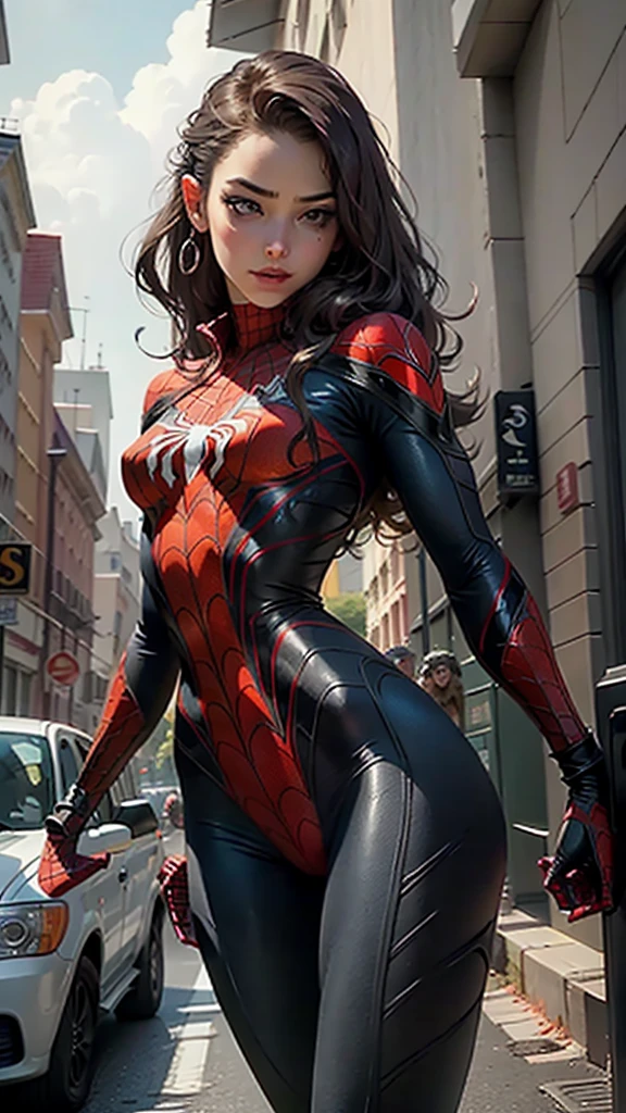 Beautiful woman detailed defined body using spider man cosplay, small breasts
