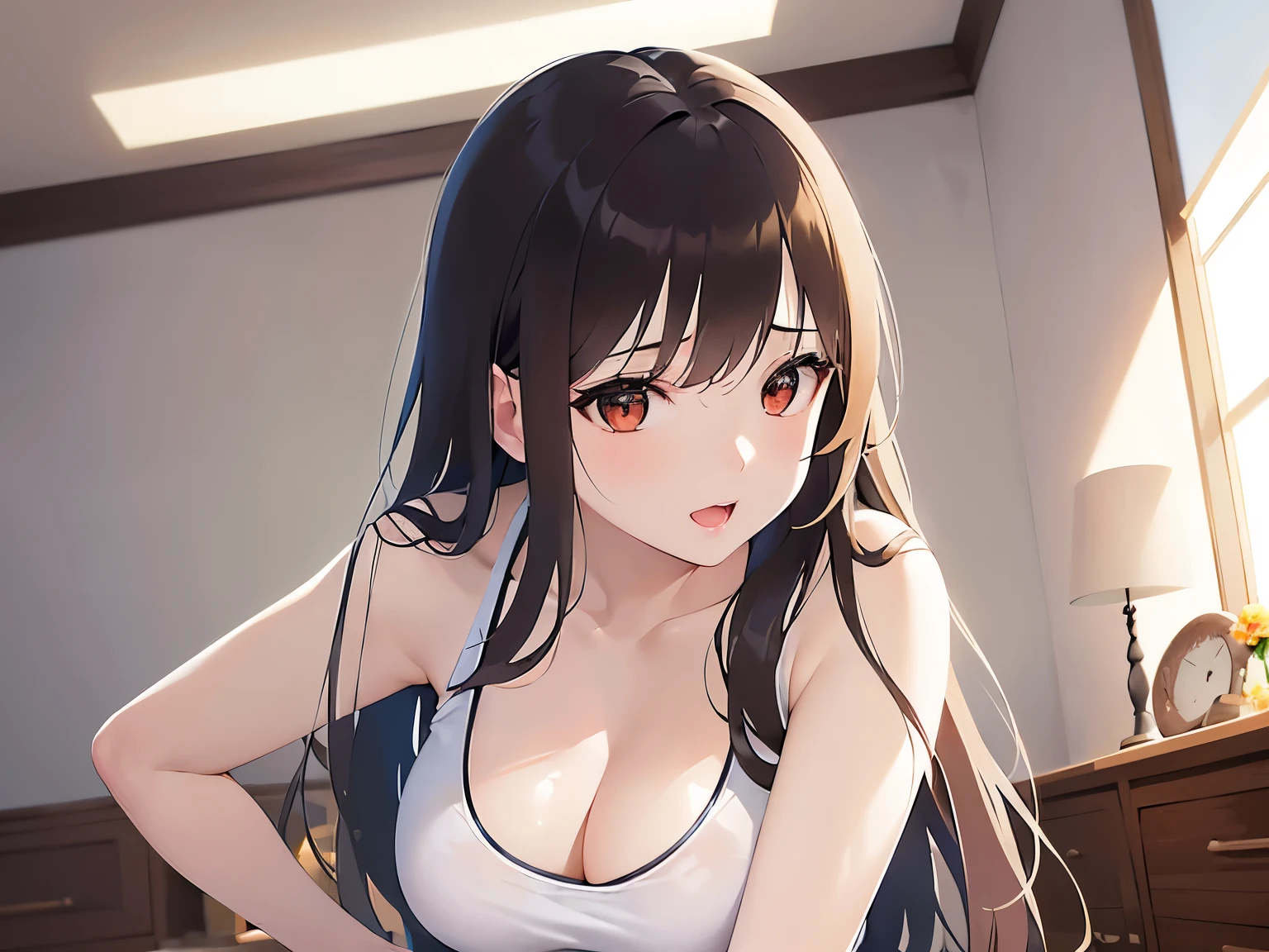 side angle, hand on hip、leaning forward, side angle, Cleavage、Upper Body, Realistic, real person, (pale skin: 1.2), RAW photo, photorealistic, shiny skin, shiny hair、(A 25-year-old woman with medium-length hair and bangs) and (wavy hair) and (brown hair) and (orange eyes) , Wearing a white tank top 、Wearing denim、smile, open mouth, The background is the living room、Alone、