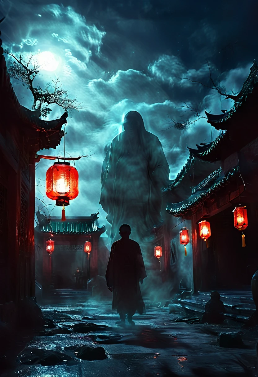 (best quality,high resolution:1.2),Super detailed,Practical:1.37,a transparent ghost in midnight,Chinese Temple,jungle,desolate,,dark,barren land,weird,mystery,horrible,Ominous Red,unforgettable,desolate,unmanned,(((Dark sky))),Transparent ghost photo,Holding a lantern, moonlight, heavily clouded, dark幻想插画风格, dark艺术, High contrast, dark的阴影, Atmospheric perspective , Melancholic colors, Film composition, Volumetric Lighting, number, Brushstrokes, Dramatic Lighting, Low Angle, Surrealism, Ultra Detailed, Surrealism