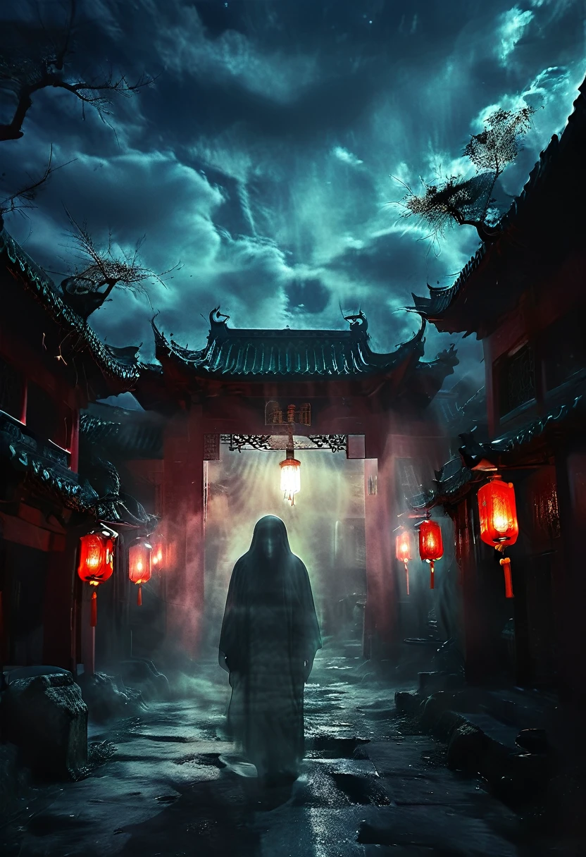 (best quality,high resolution:1.2),Super detailed,Practical:1.37,a transparent ghost in midnight,Chinese Temple,jungle,desolate,,dark,barren land,weird,mystery,horrible,Ominous Red,unforgettable,desolate,unmanned,(((Dark sky)))，Transparent ghost photo，Holding a lantern, moonlight, heavily clouded, dark幻想插画风格, dark艺术, High contrast, dark的阴影, Atmospheric perspective , Melancholic colors, Film composition, Volumetric Lighting, number, Brushstrokes, Dramatic Lighting, Low Angle, Surrealism, Ultra Detailed, Surrealism