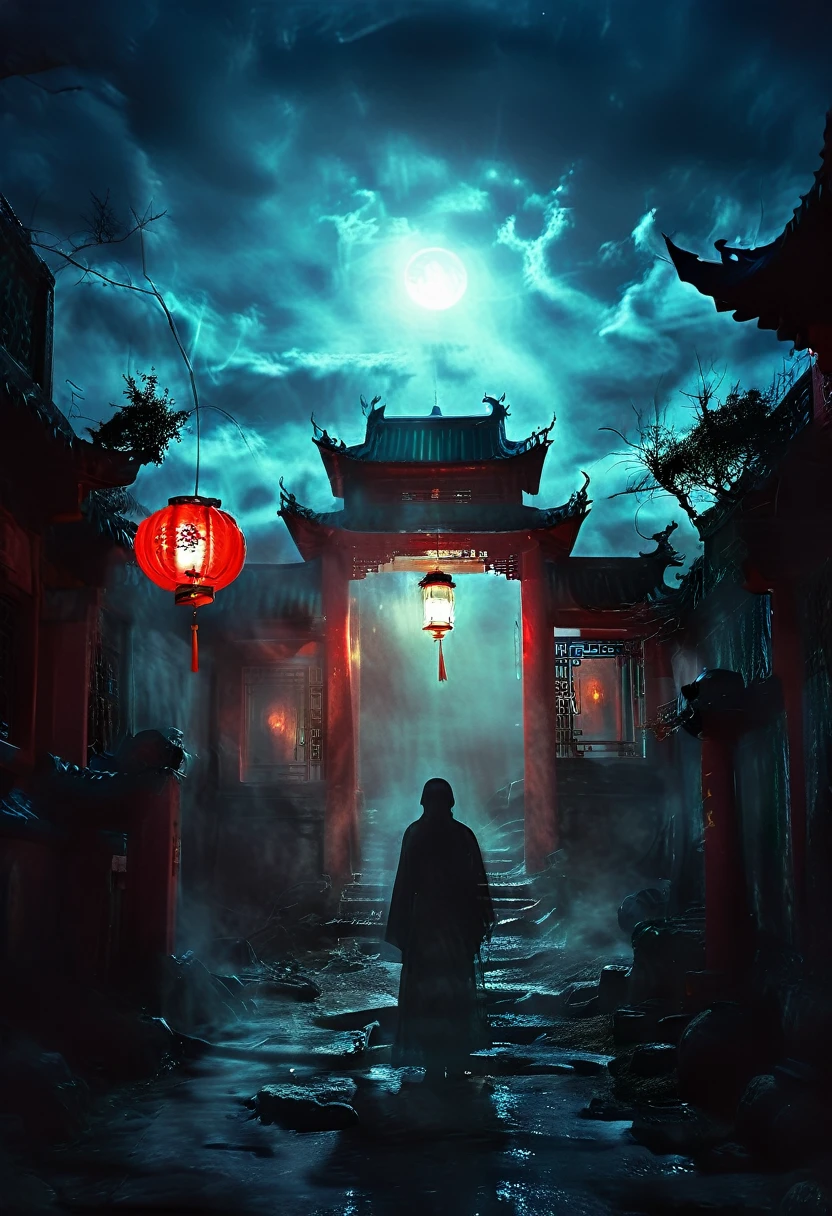 (best quality,high resolution:1.2),Super detailed,Practical:1.37,a transparent ghost in midnight,Chinese Temple,jungle,desolate,,dark,barren land,weird,mystery,horrible,Ominous Red,unforgettable,desolate,unmanned,(((Dark sky)))，Transparent ghost photo，Holding a lantern, moonlight, heavily clouded, dark幻想插画风格, dark艺术, High contrast, dark的阴影, Atmospheric perspective , Melancholic colors, Film composition, Volumetric Lighting, number, Brushstrokes, Dramatic Lighting, Low Angle, Surrealism, Ultra Detailed, Surrealism