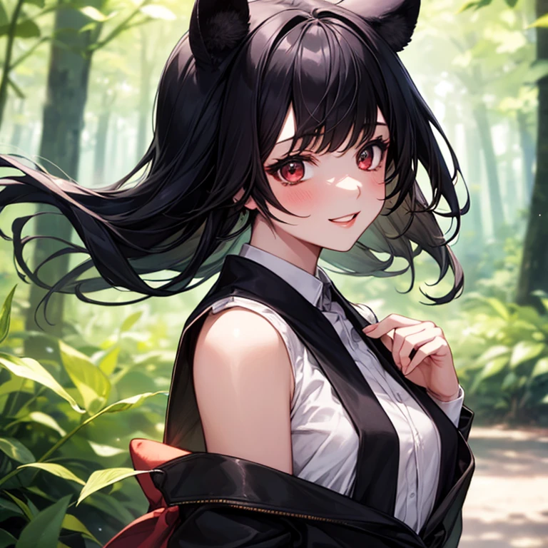 (masterpiece:1.4),, (highest quality:1.4),, Ultra-high resolution,, 8k, CG,, (Very delicate and beautiful:1.2),, , whole body,,From the side,, View your viewers,, , One Girl,, alone,, Robber Girl,, Mature Girls,, , cute, sweet,, , in the forest,, Blurred Background,, ,Bob, ,, , 茶colorの目,, color々performance,, Red lips,, , Face blown by the wind,, Black Hair ,Small breasts,Devilish smile，((Animal Ears))