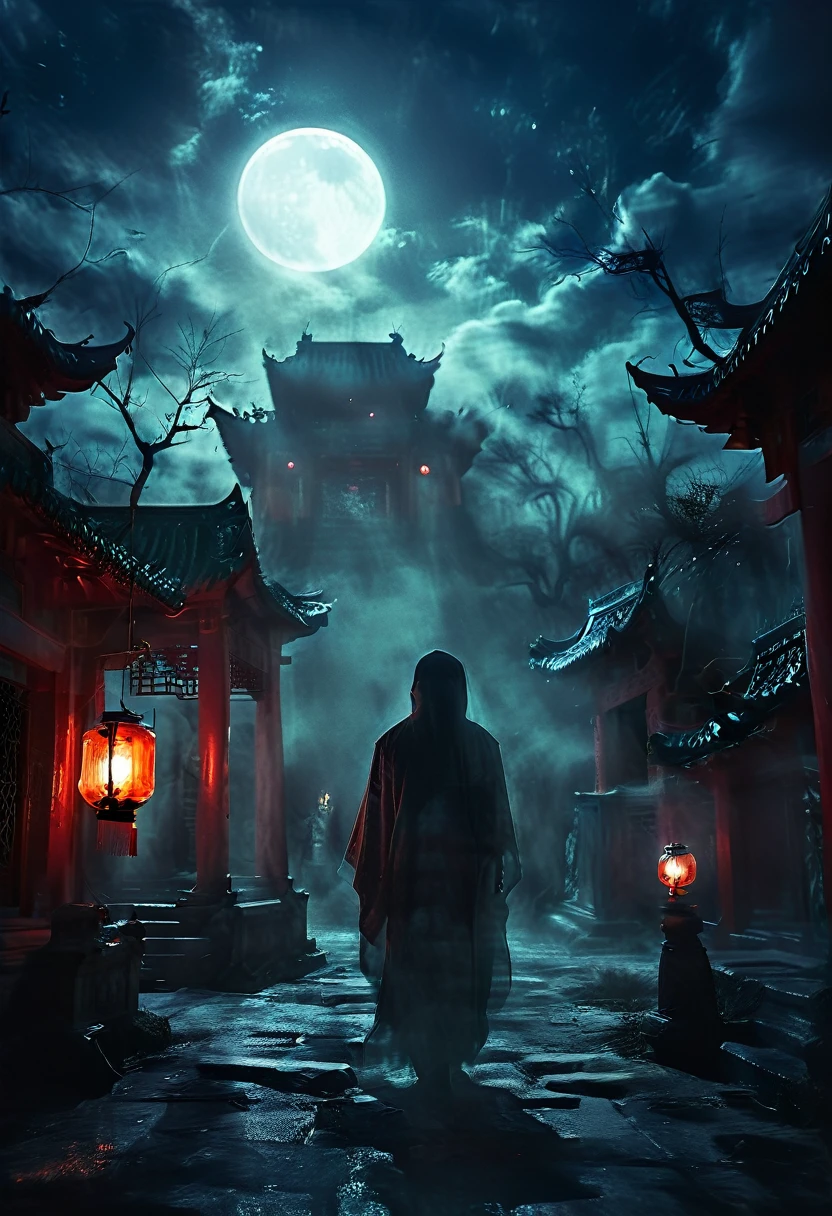 (best quality,high resolution:1.2),Super detailed,Practical:1.37,a transparent ghost in midnight,Chinese Temple,jungle,desolate,,dark,barren land,weird,mystery,horrible,Ominous Red,unforgettable,desolate,unmanned,(((Dark sky)))，Transparent ghost photo，Holding a lantern, moonlight, heavily clouded, dark幻想插画风格, dark艺术, High contrast, dark的阴影, Atmospheric perspective , Melancholic colors, Film composition, Volumetric Lighting, number, Brushstrokes, Dramatic Lighting, Low Angle, Surrealism, Ultra Detailed, Surrealism