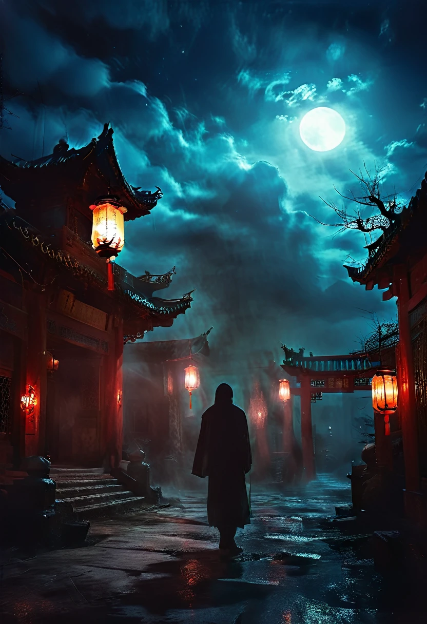 (best quality,high resolution:1.2),Super detailed,Practical:1.37,a transparent ghost in midnight,Chinese Temple,jungle,desolate,,dark,barren land,weird,mystery,horrible,Ominous Red,unforgettable,desolate,unmanned,(((Dark sky)))，Transparent ghost photo，Holding a lantern, moonlight, heavily clouded, dark幻想插画风格, dark艺术, High contrast, dark的阴影, Atmospheric perspective , Melancholic colors, Film composition, Volumetric Lighting, number, Brushstrokes, Dramatic Lighting, Low Angle, Surrealism, Ultra Detailed, Surrealism