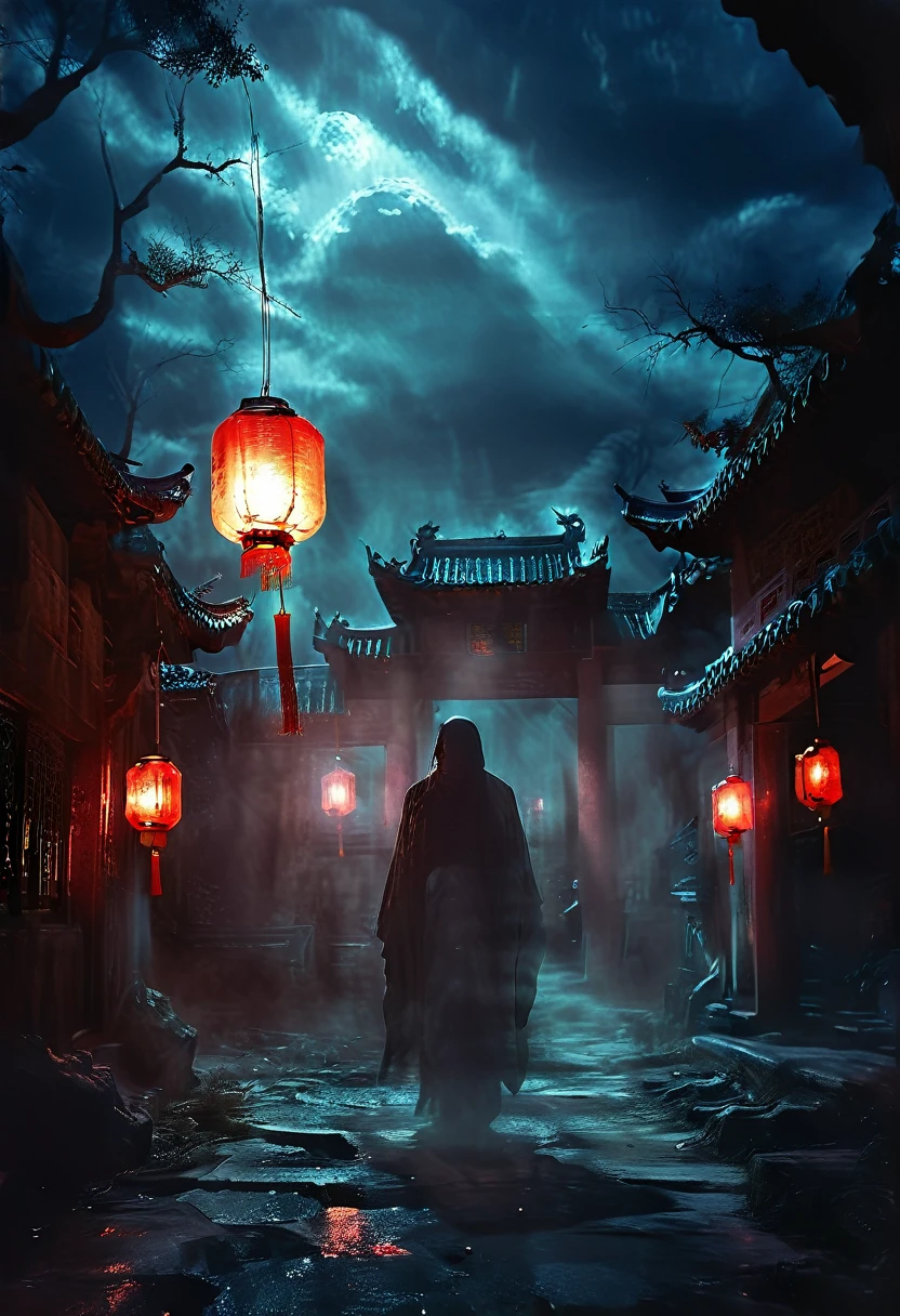 (best quality,high resolution:1.2),Super detailed,Practical:1.37,a transparent ghost in midnight,Chinese Temple,jungle,desolate,,dark,barren land,weird,mystery,horrible,Ominous Red,unforgettable,desolate,unmanned,(((Dark sky)))，Transparent ghost photo，Holding a lantern, moonlight, heavily clouded, dark幻想插画风格, dark艺术, High contrast, dark的阴影, Atmospheric perspective , Melancholic colors, Film composition, Volumetric Lighting, number, Brushstrokes, Dramatic Lighting, Low Angle, Surrealism, Ultra Detailed, Surrealism