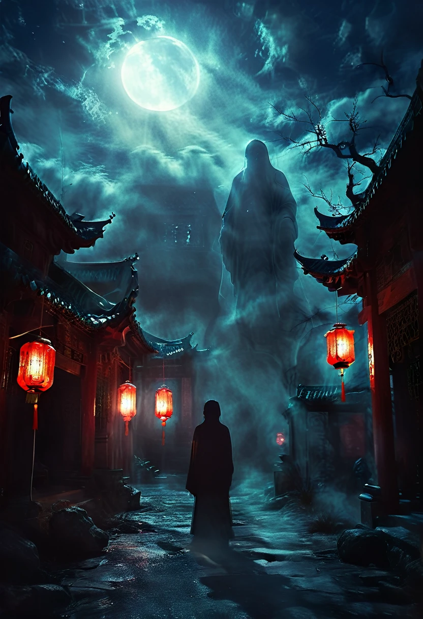 (best quality,high resolution:1.2),Super detailed,Practical:1.37,a transparent ghost in midnight,Chinese Temple,jungle,desolate,,dark,barren land,weird,mystery,horrible,Ominous Red,unforgettable,desolate,unmanned,(((Dark sky)))，Transparent ghost photo，Holding a lantern, moonlight, heavily clouded, dark幻想插画风格, dark艺术, High contrast, dark的阴影, Atmospheric perspective , Melancholic colors, Film composition, Volumetric Lighting, number, Brushstrokes, Dramatic Lighting, Low Angle, Surrealism, Ultra Detailed, Surrealism