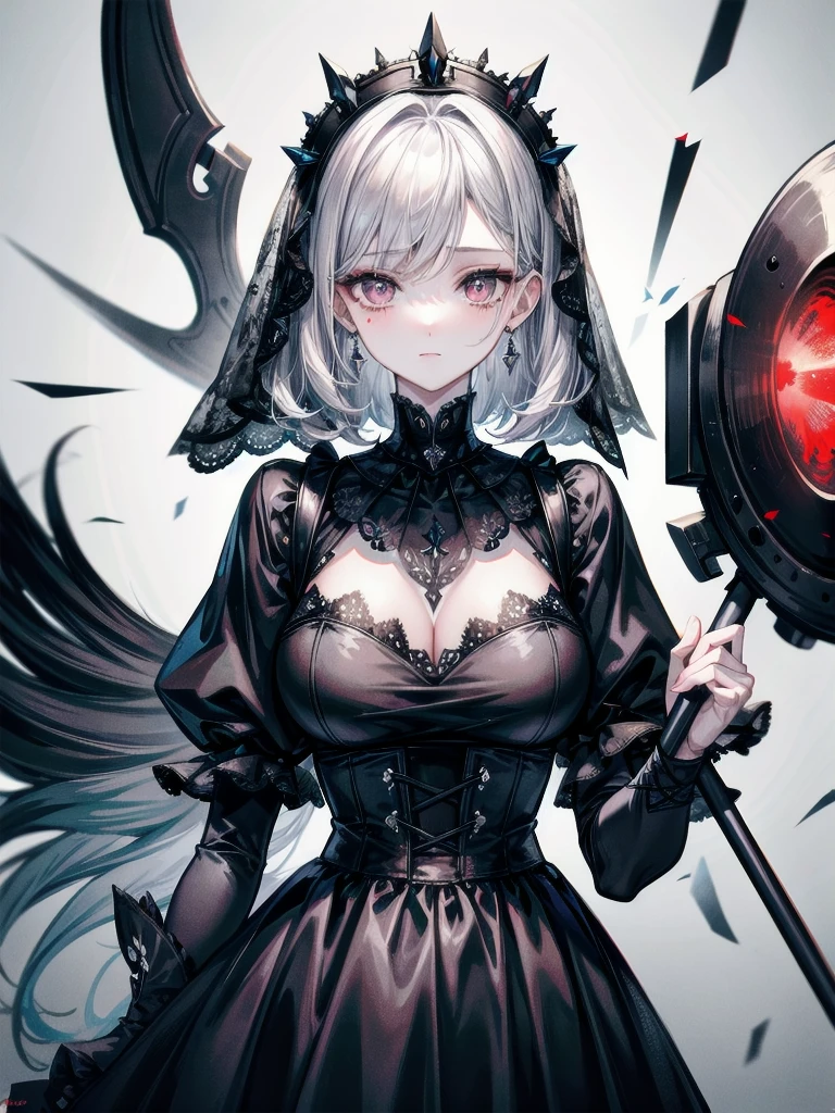 whole body, bloody huge axe, sickly, black dress, face veil, mansion, hall, absurdres, RAW photo, extremely delicate and beautiful, masterpiece, Best Quality, ultra high resolution, 32k, hyperrealistic, ultra-detailed description, pale skin, 20 years old, detailed beautiful face and eyes, tearful mole, earring, Colossal tits, short medium wavy hair,