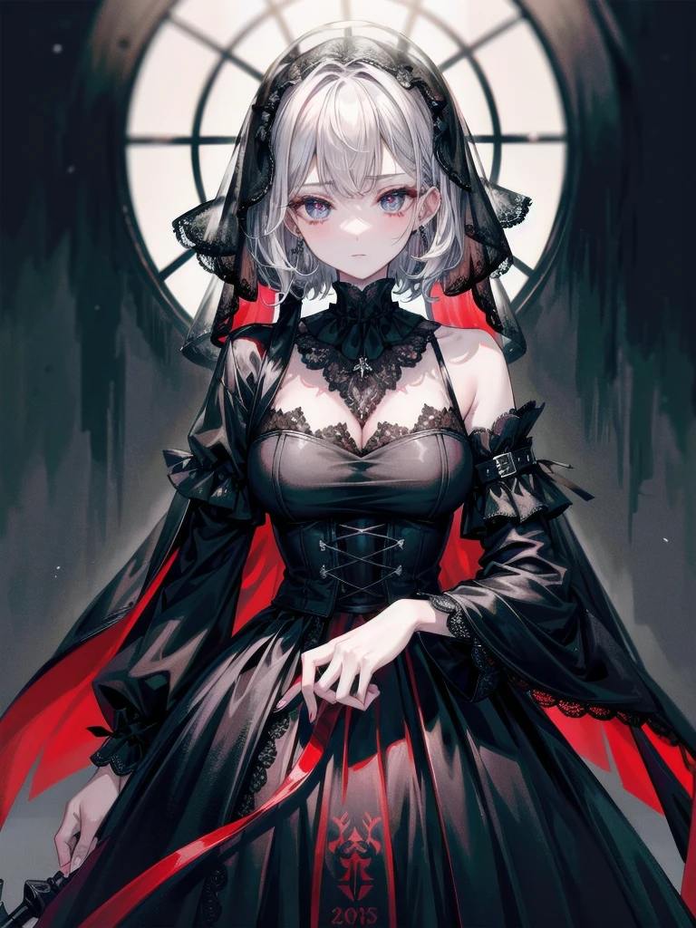 whole body, bloody huge axe, sickly, black dress, face veil, mansion, hall, absurdres, RAW photo, extremely delicate and beautiful, masterpiece, Best Quality, ultra high resolution, 32k, hyperrealistic, ultra-detailed description, pale skin, 20 years old, detailed beautiful face and eyes, tearful mole, earring, Colossal tits, short medium wavy hair,
