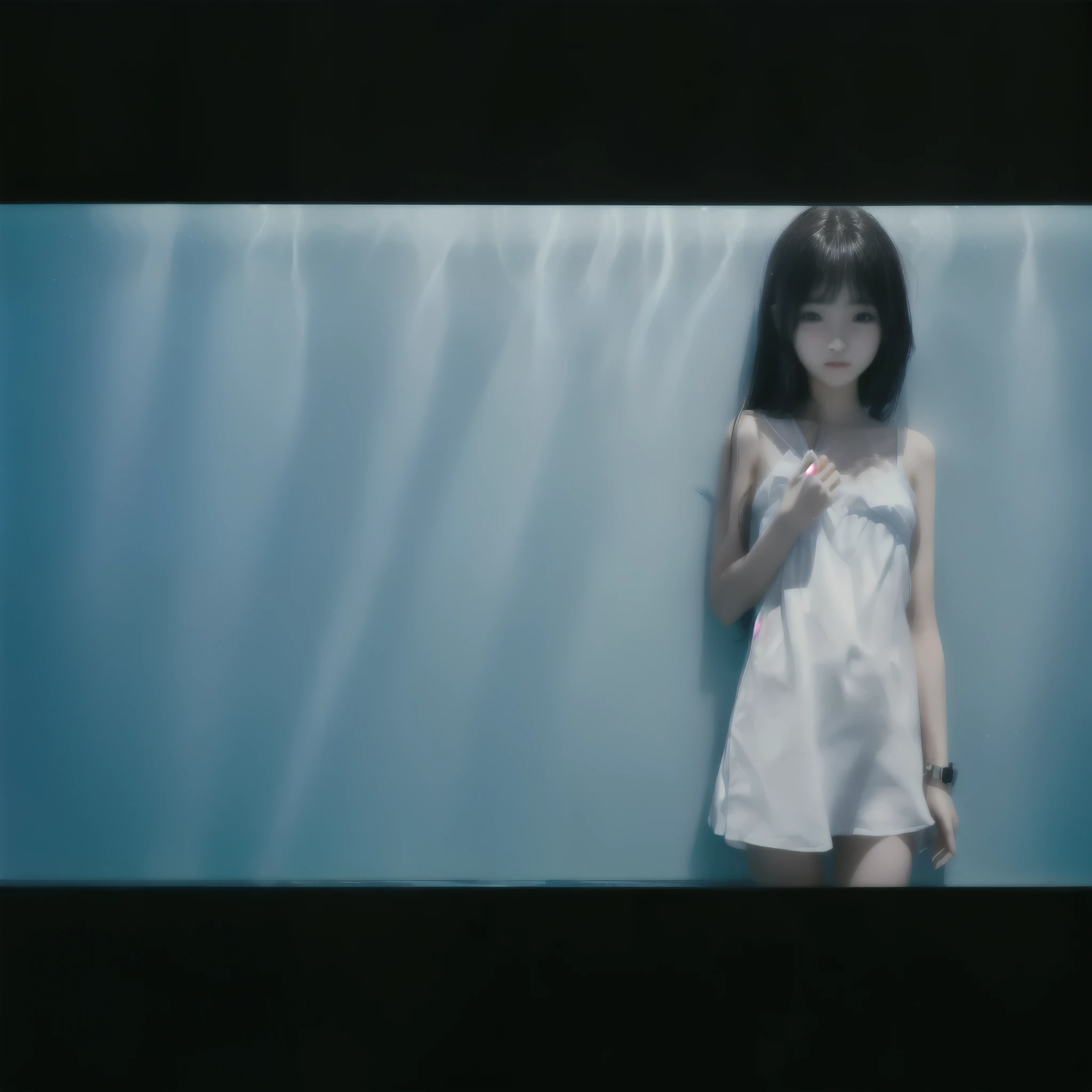 There is a young girl standing against a wall with a mobile phone, The walls have ripples reflected from the pool water.。Light effects。Water surface effect、Flat Chest、Are thin、Japanese black hair、16-year-old female。Summer Light。