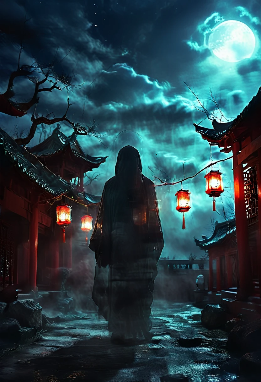 (best quality,high resolution:1.2),Super detailed,Practical:1.37,a transparent ghost in midnight,Chinese Temple,jungle,desolate,,dark,barren land,weird,mystery,horrible,Ominous Red,unforgettable,desolate,unmanned,(((Dark sky)))，Transparent ghost photo，Holding a lantern, moonlight, heavily clouded, dark幻想插画风格, dark艺术, High contrast, dark的阴影, Atmospheric perspective , Melancholic colors, Film composition, Volumetric Lighting, number, Brushstrokes, Dramatic Lighting, Low Angle, Surrealism, Ultra Detailed, Surrealism