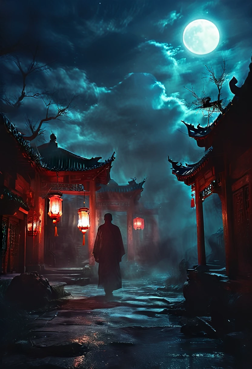 (best quality,high resolution:1.2),Super detailed,Practical:1.37,a transparent ghost in midnight,Chinese Temple,jungle,desolate,,dark,barren land,weird,mystery,horrible,Ominous Red,unforgettable,desolate,unmanned,(((Dark sky)))，Transparent ghost photo，Holding a lantern, moonlight, heavily clouded, dark幻想插画风格, dark艺术, High contrast, dark的阴影, Atmospheric perspective , Melancholic colors, Film composition, Volumetric Lighting, number, Brushstrokes, Dramatic Lighting, Low Angle, Surrealism, Ultra Detailed, Surrealism