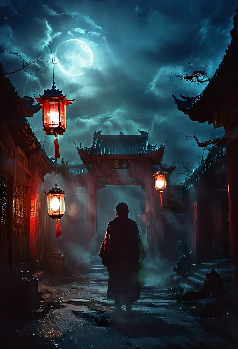 (best quality,high resolution:1.2),Super detailed,Practical:1.37,a transparent ghost in midnight,Chinese Temple,jungle,desolate,,dark,barren land,weird,mystery,horrible,Ominous Red,unforgettable,desolate,unmanned,(((Dark sky)))，Transparent ghost photo，Holding a lantern, moonlight, heavily clouded, dark幻想插画风格, dark艺术, High contrast, dark的阴影, Atmospheric perspective , Melancholic colors, Film composition, Volumetric Lighting, number, Brushstrokes, Dramatic Lighting, Low Angle, Surrealism, Ultra Detailed, Surrealism