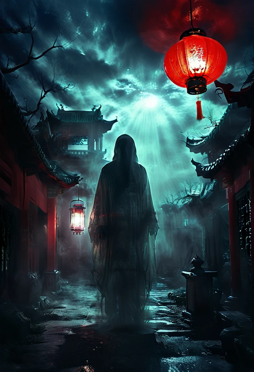 (best quality,high resolution:1.2),Super detailed,Practical:1.37,a transparent ghost in midnight,Chinese Temple,jungle,desolate,,dark,barren land,weird,mystery,horrible,Ominous Red,unforgettable,desolate,unmanned,(((Dark sky)))，Transparent ghost photo，Holding a lantern, moonlight, heavily clouded, dark幻想插画风格, dark艺术, High contrast, dark的阴影, Atmospheric perspective , Melancholic colors, Film composition, Volumetric Lighting, number, Brushstrokes, Dramatic Lighting, Low Angle, Surrealism, Ultra Detailed, Surrealism