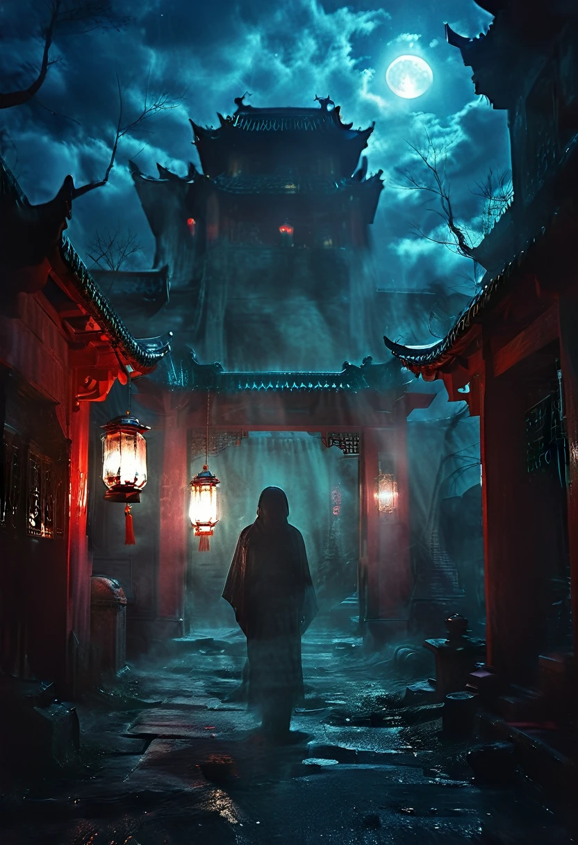 (best quality,high resolution:1.2),Super detailed,Practical:1.37,a transparent ghost in midnight,Chinese Temple,jungle,desolate,,dark,barren land,weird,mystery,horrible,Ominous Red,unforgettable,desolate,unmanned,(((Dark sky)))，Transparent ghost photo，Holding a lantern, moonlight, heavily clouded, dark幻想插画风格, dark艺术, High contrast, dark的阴影, Atmospheric perspective , Melancholic colors, Film composition, Volumetric Lighting, number, Brushstrokes, Dramatic Lighting, Low Angle, Surrealism, Ultra Detailed, Surrealism