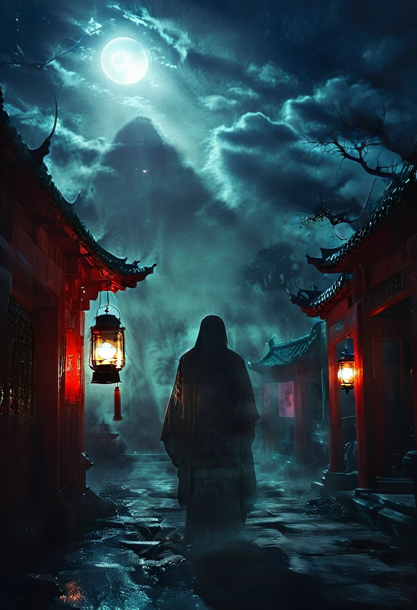 (best quality,high resolution:1.2),Super detailed,Practical:1.37,a transparent ghost in midnight,Chinese Temple,jungle,desolate,,dark,barren land,weird,mystery,horrible,Ominous Red,unforgettable,desolate,unmanned,(((Dark sky)))，Transparent ghost photo，Holding a lantern, moonlight, heavily clouded, dark幻想插画风格, dark艺术, High contrast, dark的阴影, Atmospheric perspective , Melancholic colors, Film composition, Volumetric Lighting, number, Brushstrokes, Dramatic Lighting, Low Angle, Surrealism, Ultra Detailed, Surrealism